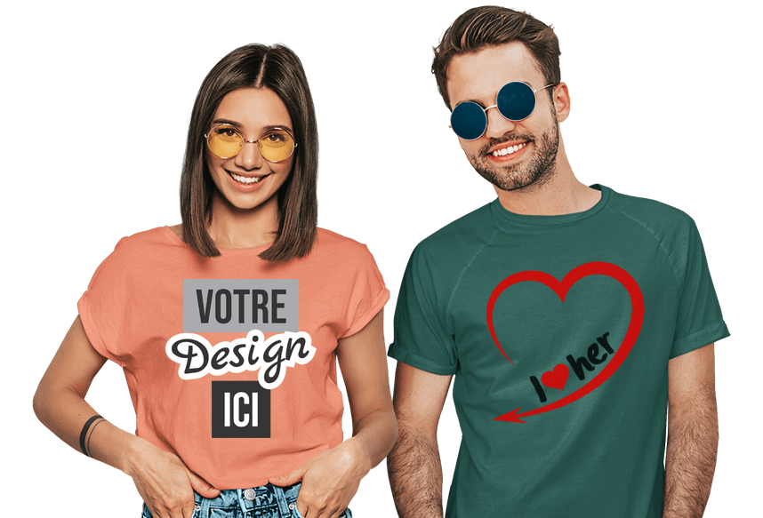 Impression de T-shirts - Jeune couple en T-shirt personnalisé avec leur propre dessin