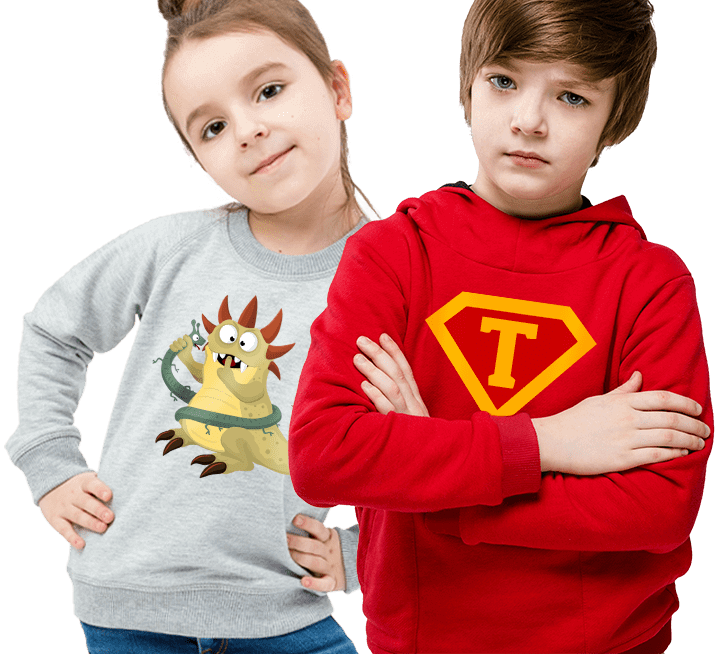 Sweat et pulls personnalisés pour enfants - Fille et garçon en sweat avec leur propre motif original