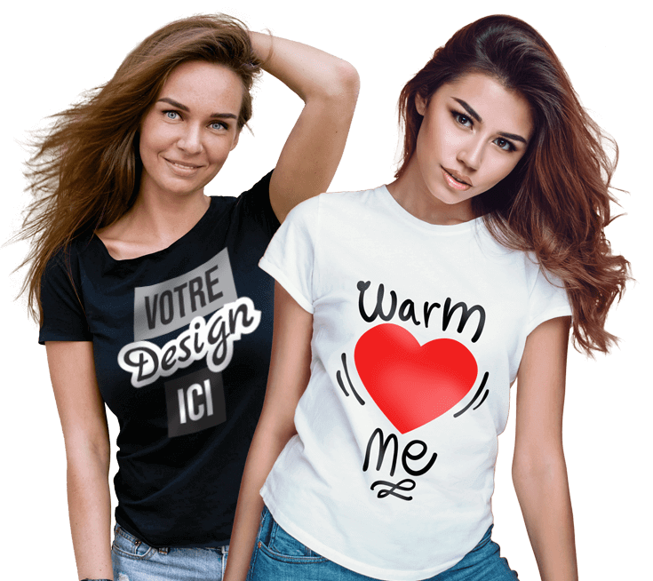 Vêtements personnalisés pour femmes - Deux femmes portant des t-shirts personnalisés avec leur propre dessin