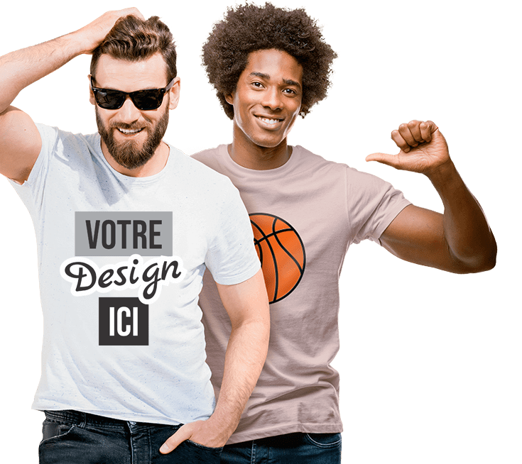 T-shirts personnalisés pour hommes - Deux hommes portant des T-shirts personnalisés avec leur propre dessin