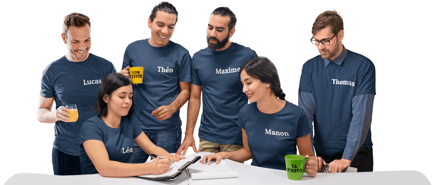 Vêtements professionnels personnalisés - Groupe de collègues portant des T-shirts avec leurs propres noms