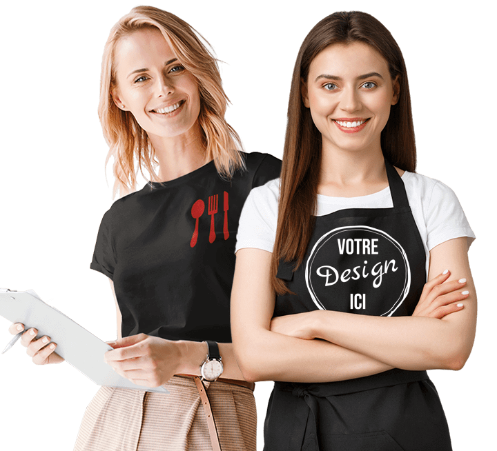Vêtements professionnels personnalisés pour femmes - Deux serveuses en T-shirt et tablier avec le logo de leur entreprise