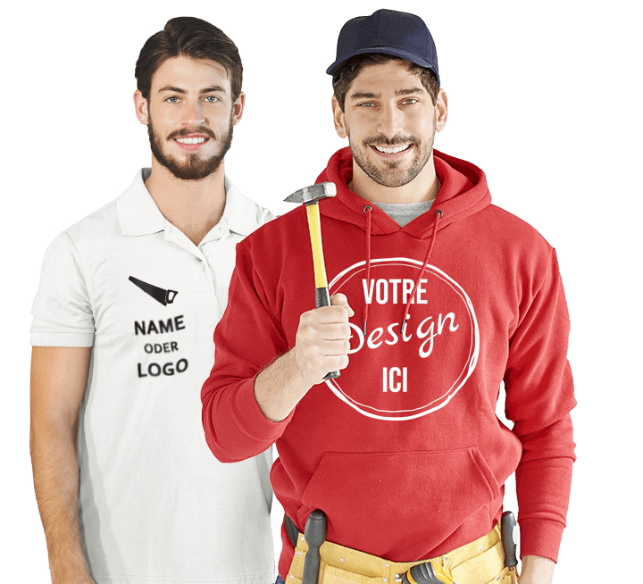 Vêtements professionnels personnalisés pour hommes - Deux ouvriers en polo et sweat avec le logo de leur entreprise