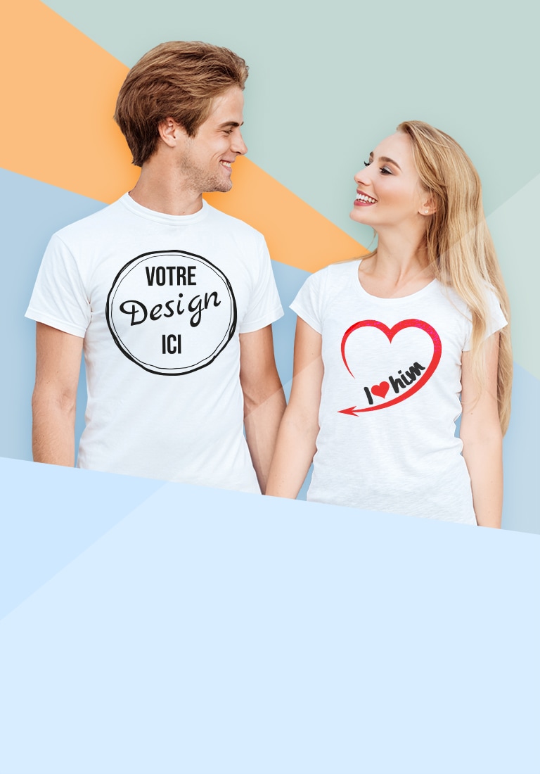 Jeune couple en T-shirt personnalisé avec leur propre dessin