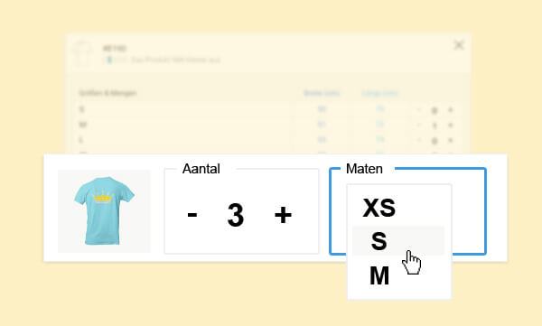 Eigen T-shirt ontwerpen - Kies maten en hoeveelheden