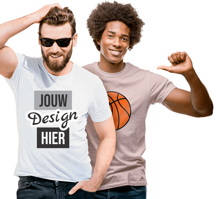 Heren T-shirt zelf ontwerpen - Twee mannen in bedrukte T-shirts met eigen ontwerp